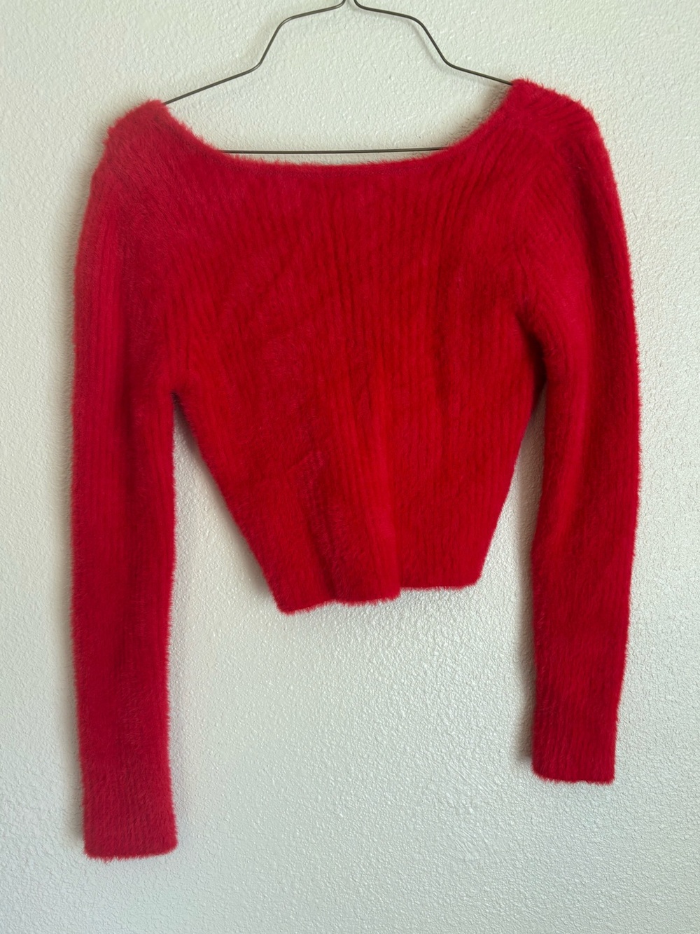 No Boundaries Red Fuzzy Off-Shoulder Sweater